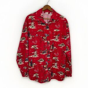 Ivy Wear Men’s Sz Large Button Down Shirt Western Red Ranch Scene Vintage Retro